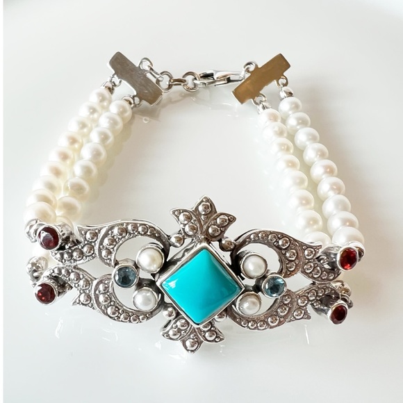 🌟NICKY BUTLER 925 Sterling Silver Turquoise Pearl Multi Gem Bracelet NEW NB - Picture 2 of 15